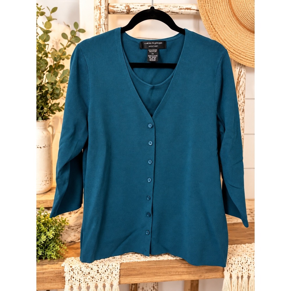 Cable & Gauge Woman Teal Blue Cardigan and Tank Twin Set 1X Viscose Blend